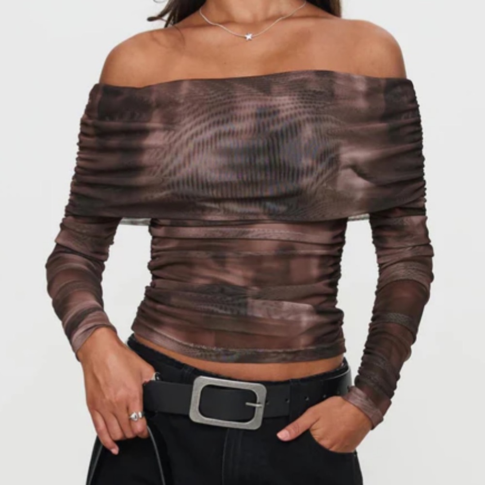 Princess Polly Off-Shoulder Mesh Top in Brown